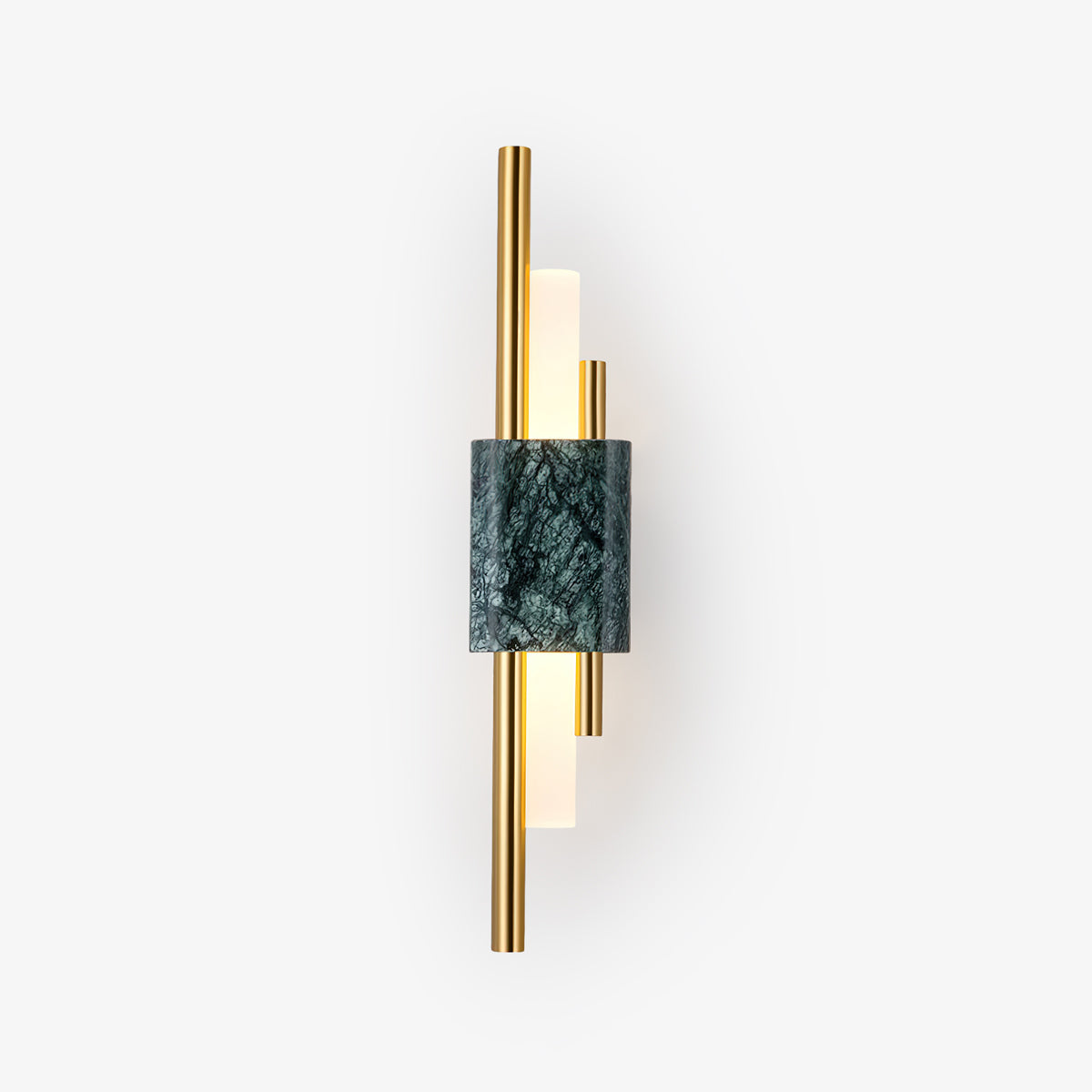 Asymmetric Brass Marble LED Wall Light / ∅ 3.9″ x H 19.7″ / Dia 10cm x H 50cm (Power: ~3W) / Green Marble & Gold / Warm Light
