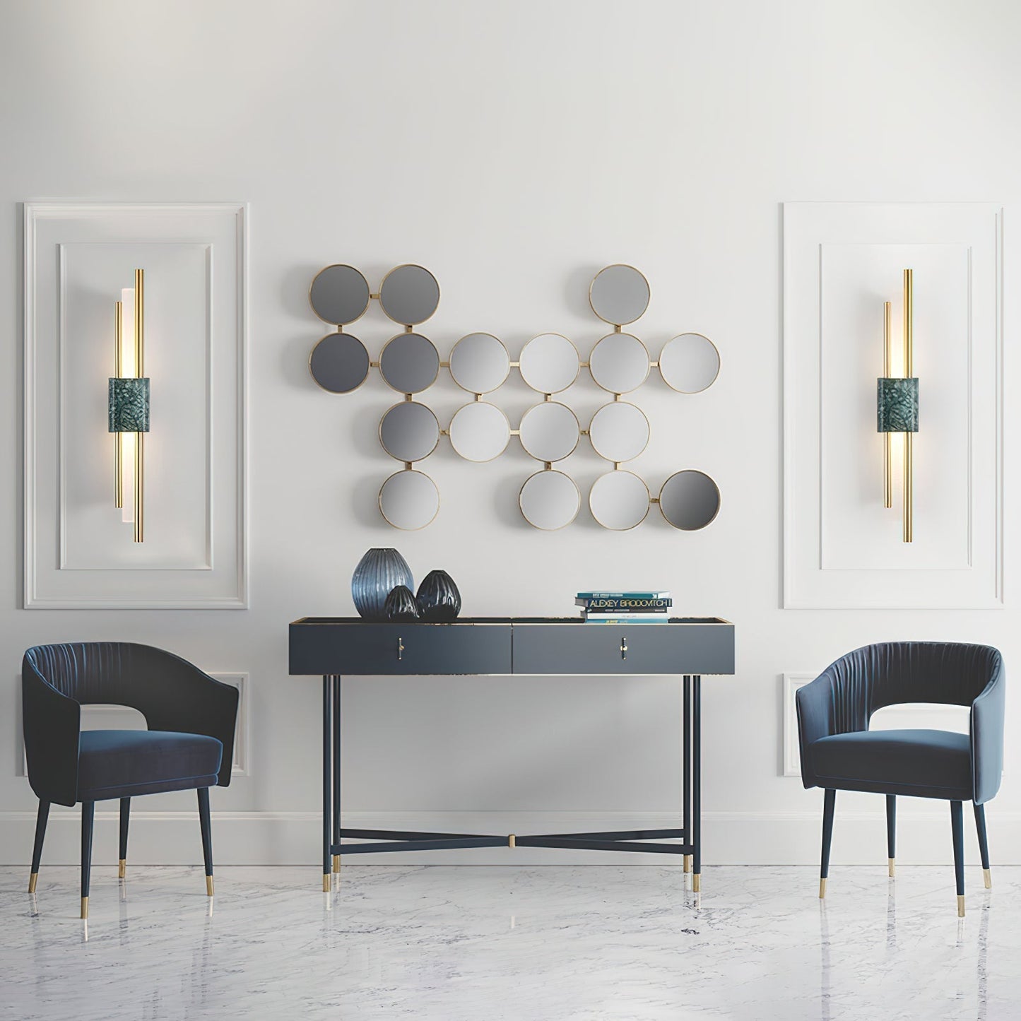 Asymmetric Brass Marble LED Wall Light / ∅ 3.9″ x H 23.6″ / Dia 10cm x H 60cm (Power: ~3W) / White Marble & Gold / Warm Light