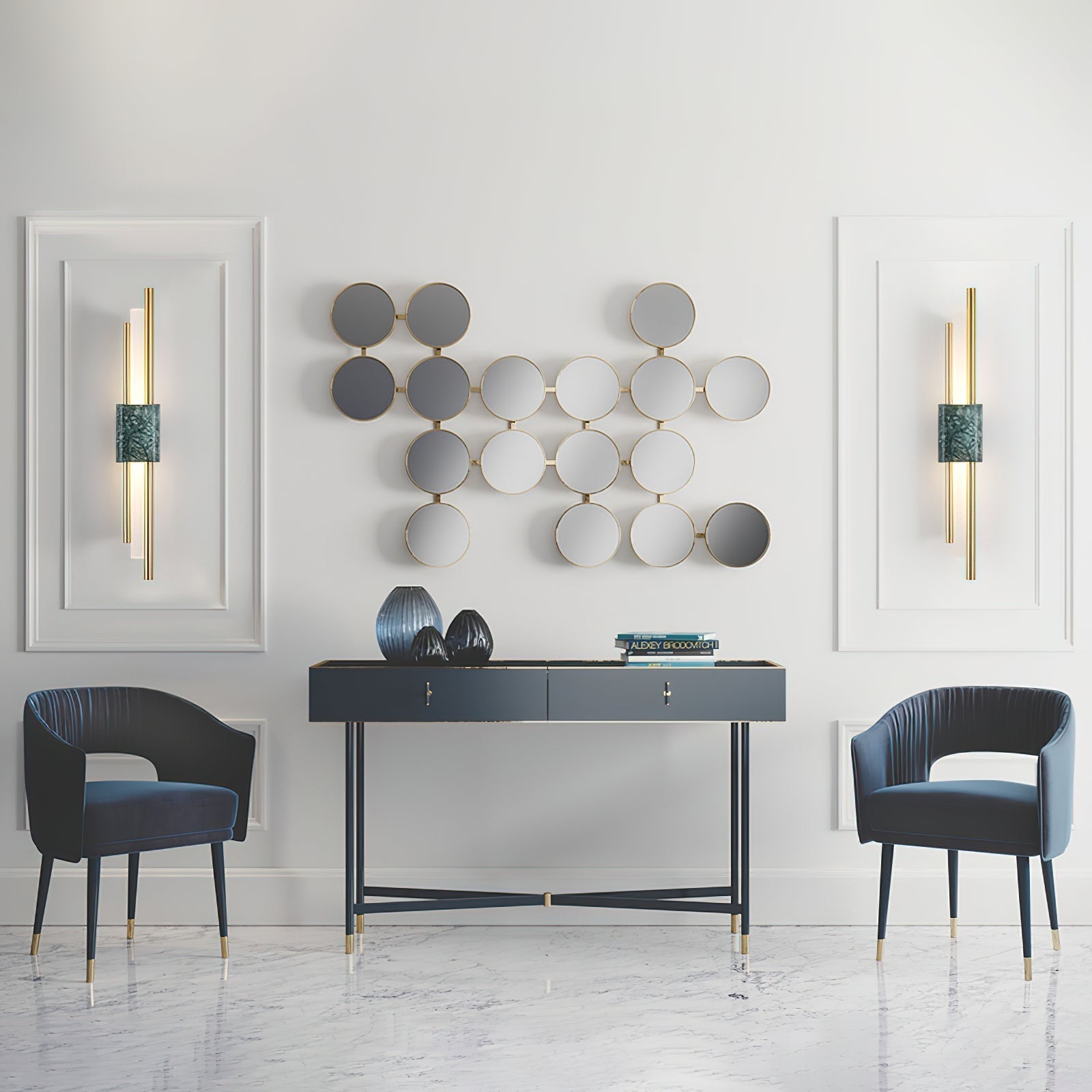 Asymmetric Brass Marble LED Wall Light / ∅ 3.9″ x H 23.6″ / Dia 10cm x H 60cm (Power: ~3W) / White Marble & Gold / Warm Light