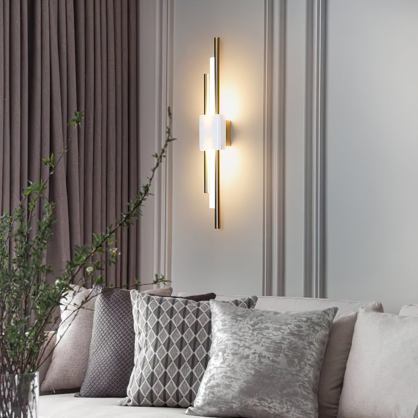 Asymmetric Brass Marble LED Wall Light / ∅ 3.9″ x H 19.7″ / Dia 10cm x H 50cm Set of 2 / Green Marble & Gold / Cool Light