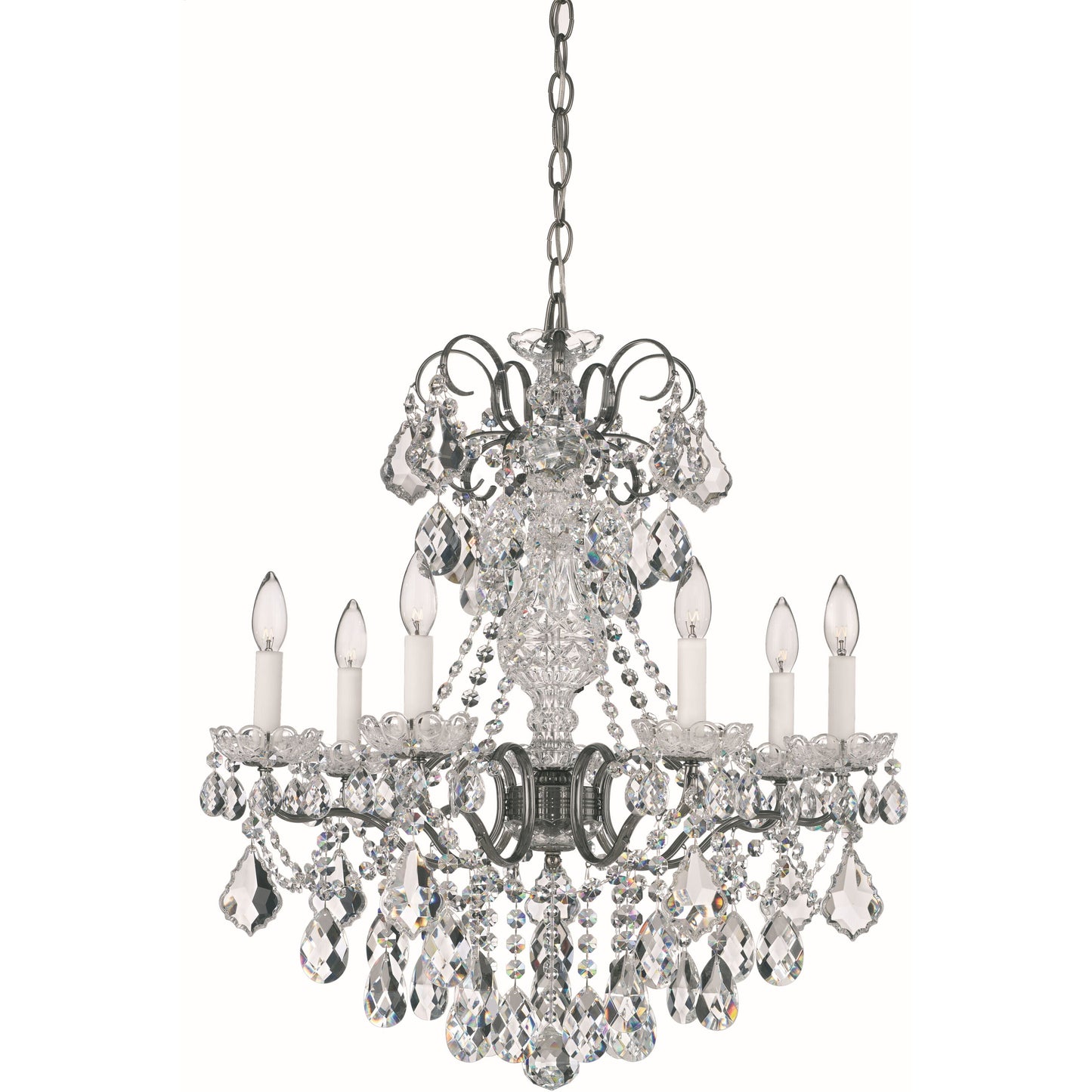 French Baroque Crystal Column Chandelier / Etruscan Gold / Clear Crystals From Swarovski
